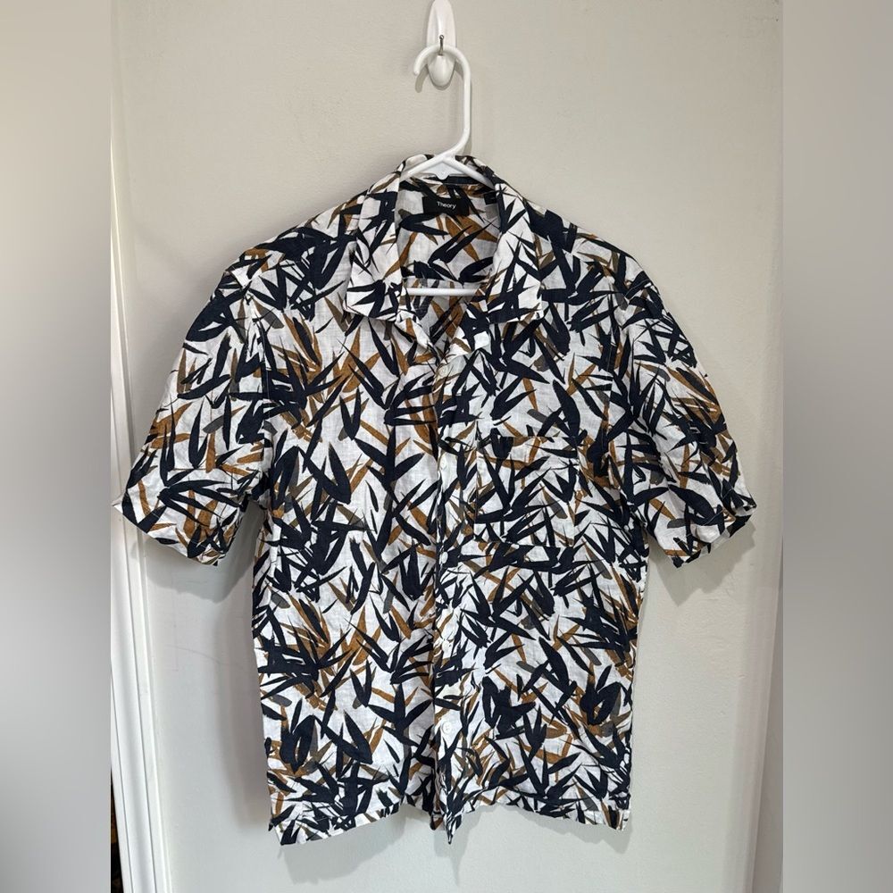 Theory Men's Black and Brown Patterned Linen Shirt